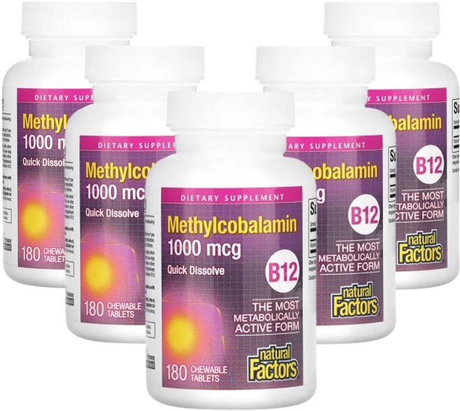 [6개월분] 네추럴팩터스 B12 메틸코발라민 1 000mcg 츄어블, 180정, 5개 - 쿠팡