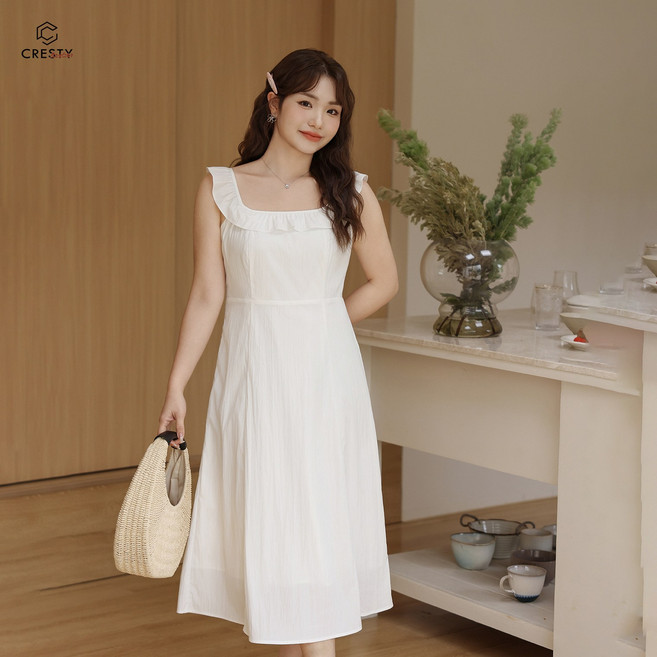 CRESTY 여성 빅사이즈 루즈핏 편안한 슬림 원피스 러블리 프릴 롱스커트