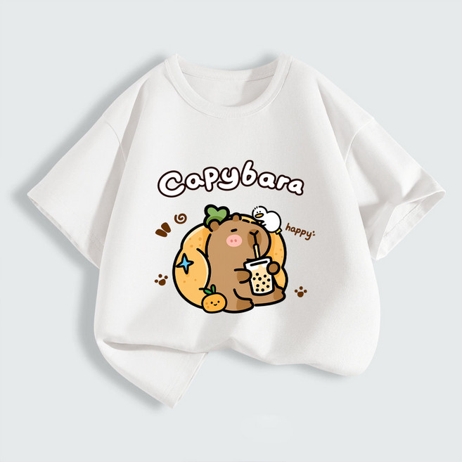 FONOW 순면 100% 아동 티셔츠 귀여운 카피바라 패턴 아동복 편안 통기성 좋은 여름 캐주얼 라운드 반팔 티셔츠 장난기 가득한 아보카도 프린트 디자인 가족티