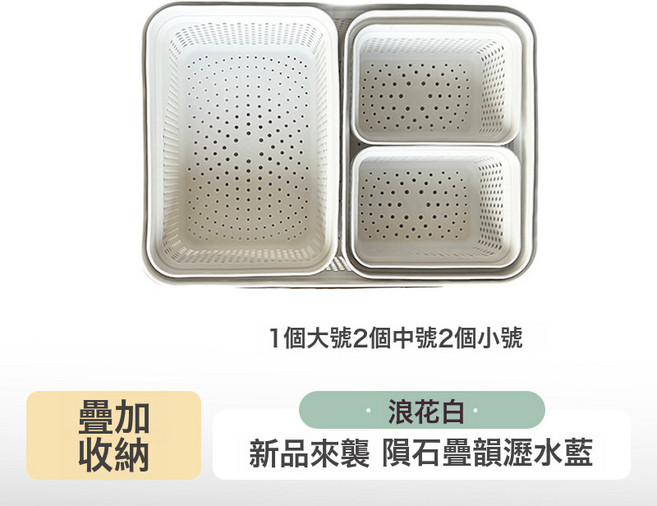 家用廚房瀝水籃套裝雙層洗菜盆瀝乾籃筐加厚小框洗碗池瀝水批發, 1個, 1個大+2中(浪花白)+2小:如圖