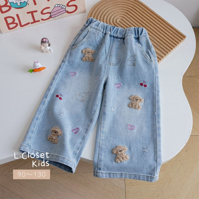 L.Closet Kids Q毛狗狗刺繡牛仔褲 女童寬褲