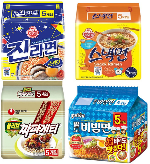 봉지라면 멀티팩 (진라면순한맛5+짜파게티5+팔도비빔면5+스낵면5), 1세트