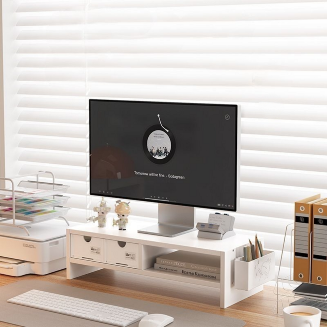 케이디리빙 모니터 받침대 거치대 선반 모니터받침대서랍, 화이트