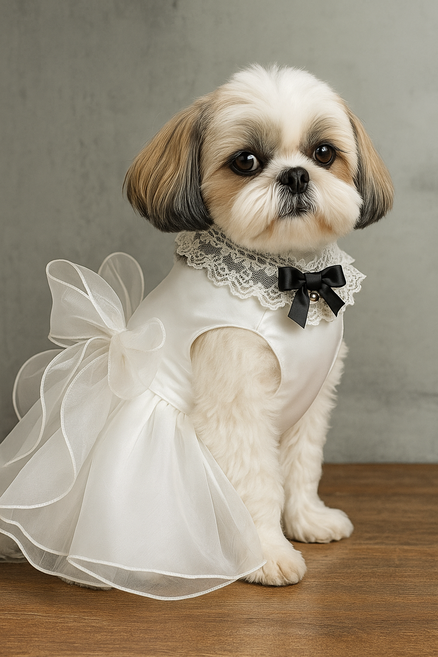 강아지 웨딩 리본 드레스 + 레이스 방울 케이프 세트, 1개, 화이트