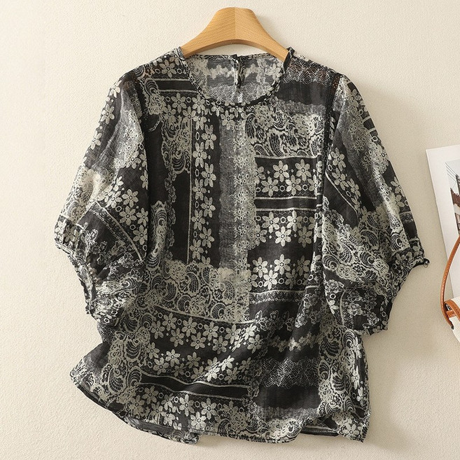 WIHOLL 여성 린넨코튼 블라우스 라운드넥 5부소매 프린팅 루즈핏 빅사이즈 여름 데일리