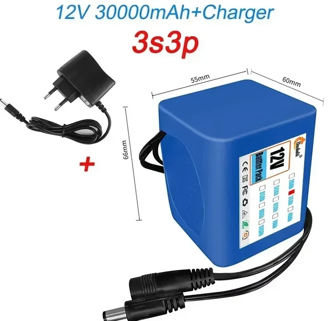 [누리공구]12V 50Ah 18650 리튬 배터리 팩 낚시 자전거 대용량 대 한 BMS 12.6v 충전기와 3S5P 충전식, 02 3s3p, 1개