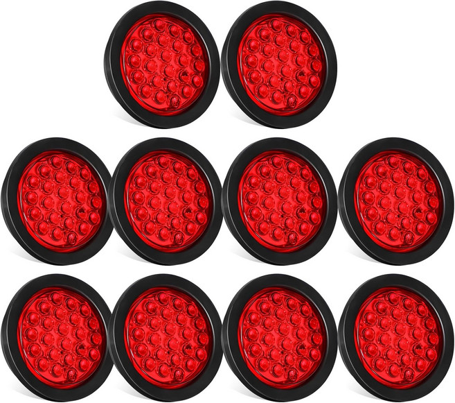 Partsam 10Pcs 4인치 원형 LED 트레일러 테일 라이트 키트 레드 24인치 방수 브레이크 스톱 턴 마커 트럭 RV 보트 UTE UTV 12V 그로밋 플러그용 밀폐형
