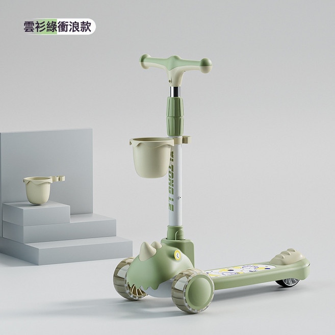 DIU 兒童滑板車2-8歲三合一可坐可滑學步車滑滑車三輪車兒童款滑板車, 1個, 雲衫綠+音樂燈光+框子