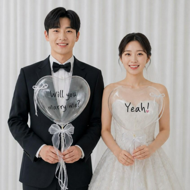 봉스파티동탄점 웰유메리미 웨딩촬영 프로포즈 레터링 클리어하트리본풍선 세트, 1세트, 클리어화이트