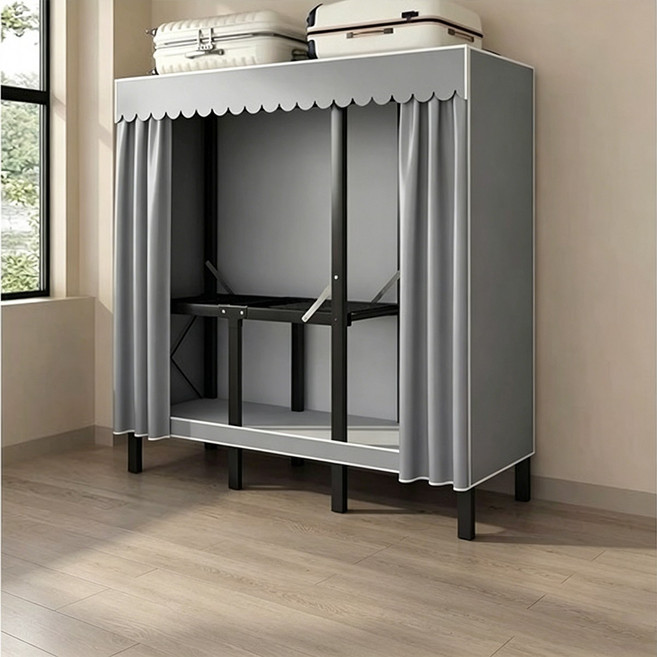 摺疊衣櫃 全鋼架加粗耐重防塵防潮衣櫥, 120cm新灰色+含布罩+送2個吊衣架,組裝-一體摺叠衣櫃