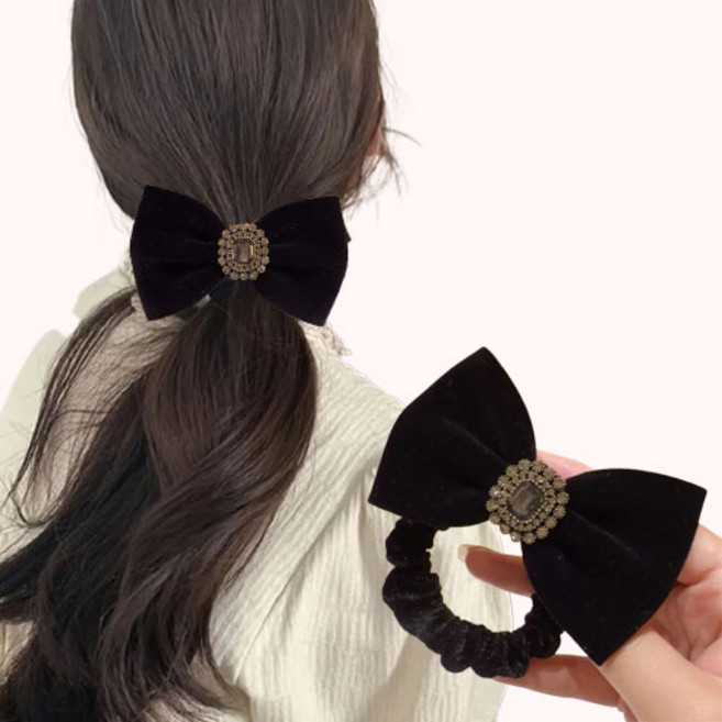 공주마마/단아한럭셔리크리스탈블랙벨벳리본머리끈
