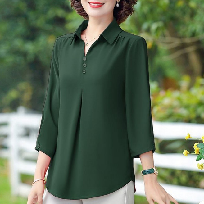 Makone 여성 셔츠카라 봄여름 티셔츠 솔리드 엘레강스 패션 트랜드 데일리 빅사이즈 9부소매 블라우스 빅사이즈 엄마옷