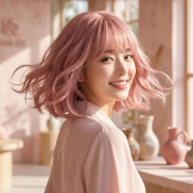 30CM가발 풀세트 웨이브단발가발여성(가발수납포함), 1개, 핑크 가발