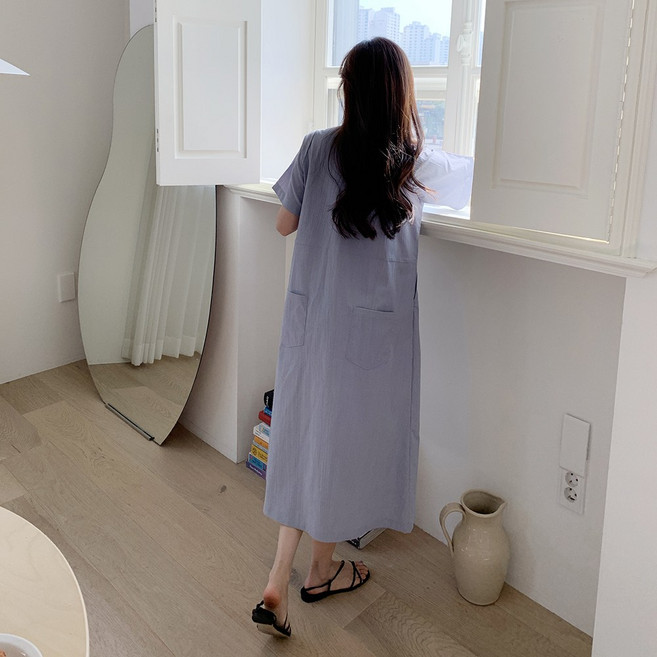 앤샵 [국내생산] 여름 반팔 바스락 링클 뒷주머니 루즈핏 롱 원피스 (3color)
