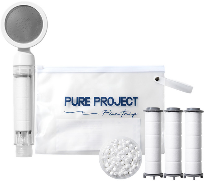 퓨어프로젝트 필수 해외여행용 샤워기헤드 + 휴대용 파우치 세트, 샤워기1개+바디필터3개+헤드필터1개+파우치1개, 1개