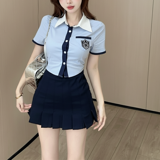 히또리 C0308 교복 스타일 반팔 셔츠 + 타이 + 스커트 세트