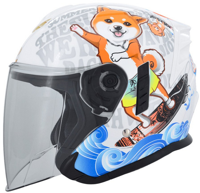 M2R FR-2 柴犬圖案 3/4 安全帽 內藏墨鏡 加長鏡片, 珍珠白,S, 1個