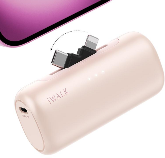 아이워크 iWALK 듀얼 커넥터 도킹형 미니 보조배터리 5000mAh PD 15W 초고속충전 일체형 아이폰 갤럭시 2in1 휴대용 잔량표시, 핑크