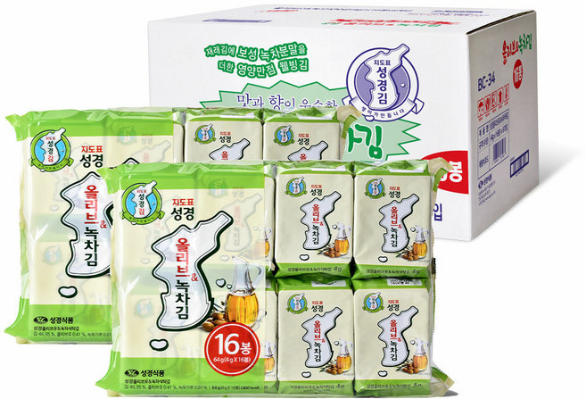 성경 올리브&녹차김 4g x 16봉, 64g, 8개