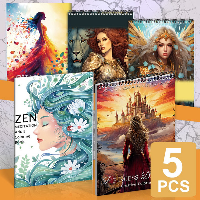 INCEROSE 성인용 컬러링북세트 5권 - 스트레스 해소를 위한 퍼펙트 컬러링북세트, 몽환적인 인물, 성인 컬러링 북