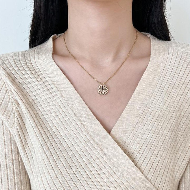 ZNT049f 큐빅 미니 하트 네잎 클로버 자석 목걸이 써지컬스틸 블링 반짝 유니크