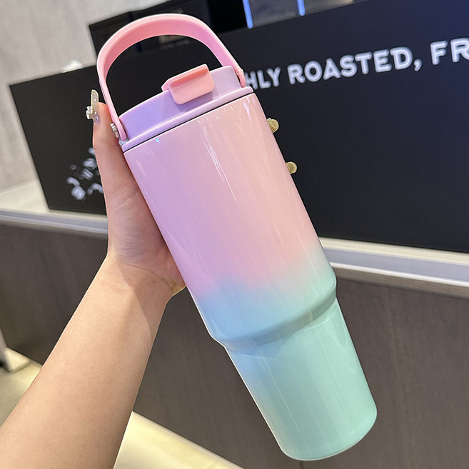 그라데이션 색상 진공 두꺼운 그라데이션 컵 스테인리스 보온컵 대용량 물컵 휴대용 차량용 컵, 핑크 그라데이션 블루, 890ML
