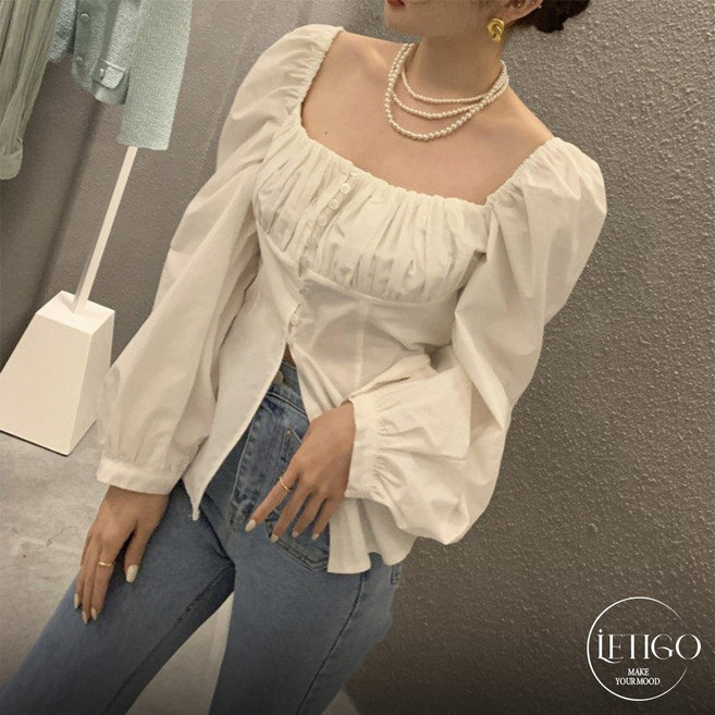 레티고 청순무드 스퀘어넥 오프숄더 버튼 블라우스 셔츠