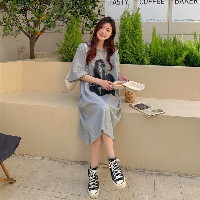 ANNE 美式圖案長版洋裝, 灰, 灰