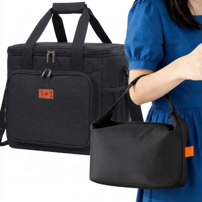 민든 보냉가방 중형 보냉백 소형 2종 세트 생활방수 휴대성 보온 쿨러백, 블랙+블랙, 1세트