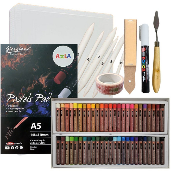 아클라 오일 파스텔 50색 FULL세트 오일파스텔 A5 파스텔 패드 찰필6종세트 미술용사포 페인팅나이프 마스킹테이프 보관케이스 8종, 1개, 50개