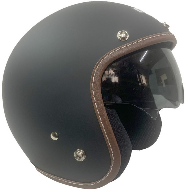 SYC 復古半罩安全帽 經典皮革邊內墨鏡款, 消光黑