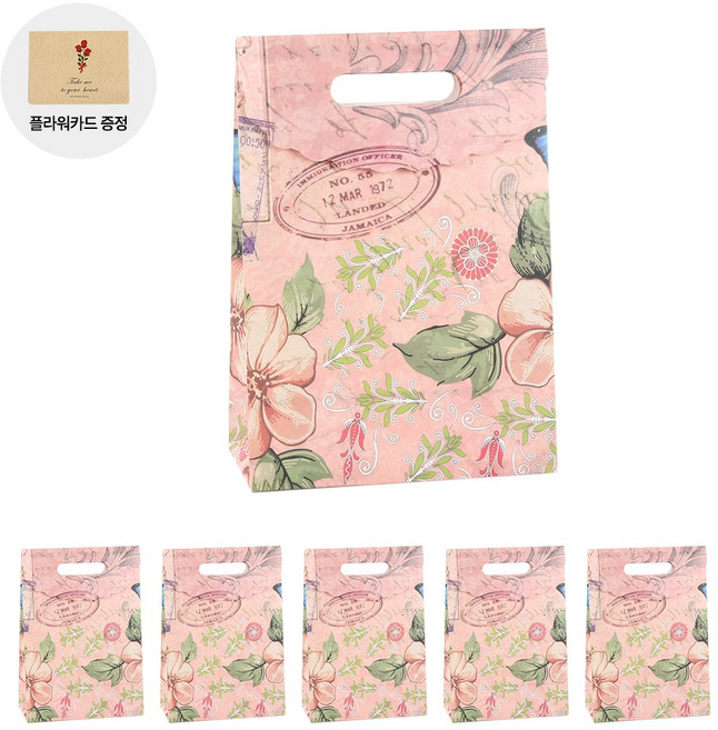 VITALO 로맨틱 가든 쇼핑백 6P 답례품 선물용 포장 종이 가방 고급 종이백 (플라워카드 6개 지급), PK(핑크)