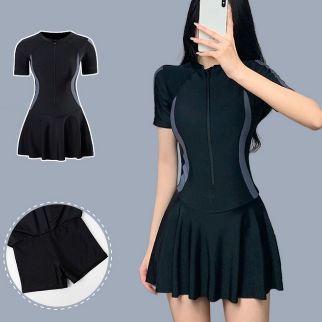 여성 수영복 배 가리기 슬림핏 패션 원피스 BY-D-02, 블랙