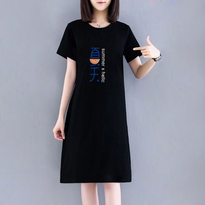 T恤裙 夏季新款短袖韓版寬鬆大尺碼中長款過膝連衣裙女, 黑色【夏天西瓜圖案】,M 建議【45.5公斤-52.5斤】
