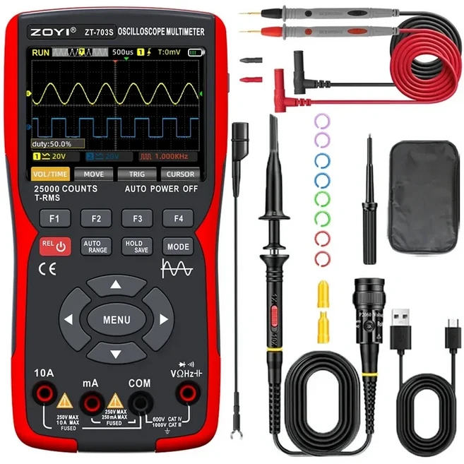 ZOYI ZT-703S 3 in 1 휴대용 오실로스코프 자동차용 듀얼 채널 50MHz 디지털 멀티미터 및 신호 발생기 포함, 02 325-703 3in1package1