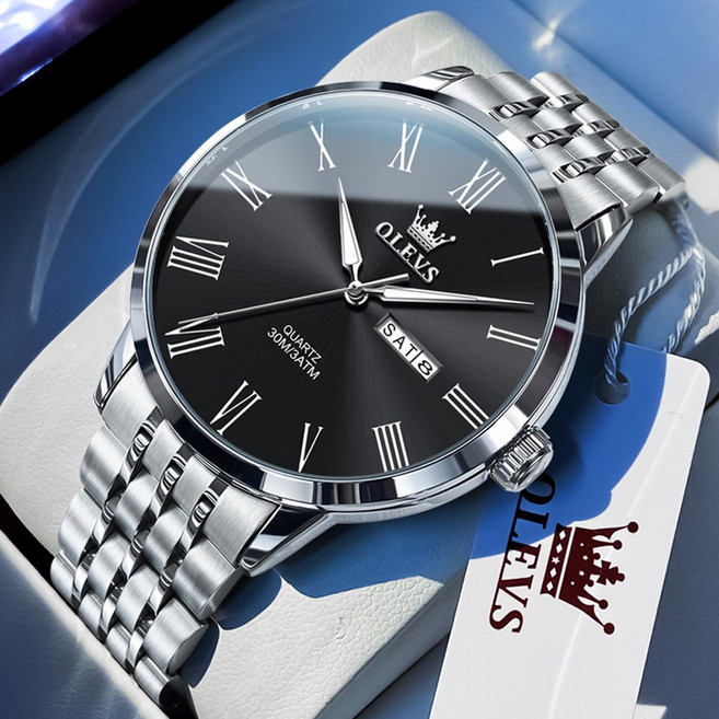 OLEVS 남자손목시계 정품 쿼츠 럭셔리 명품 워터프루프 야광 메탈시계