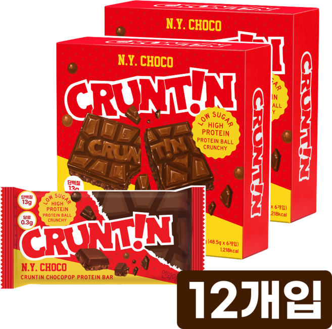 [본사공식몰] 크런틴 초코팝 단백질바 NY초코 당0g대, 12개, 48.5g