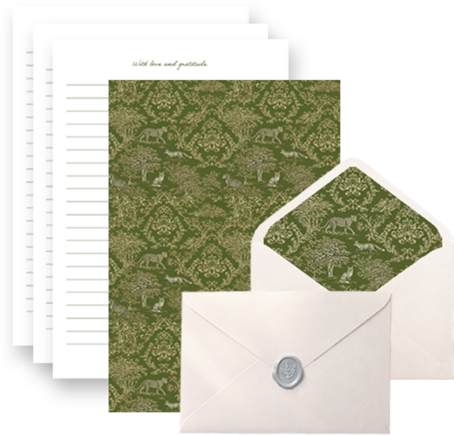 무해해 예쁜 고급 편지지 4p + 편지봉투 4p + 실링 왁스 스티커 4p 세트, 엔티크그린, 1팩