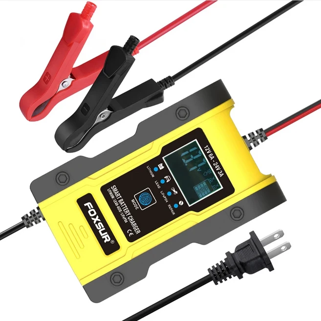 FOXSUR 스마트 자동차 배터리 충전기 오토바이 트랙터 SUV 보트 리튬 AGM 납산 LiFePO4 12V 6Amp, 08 US Plug (Yellow)