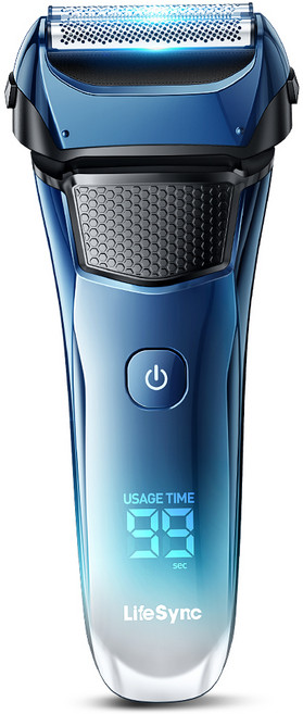 LifeSync 남자 전기면도기 3중날 일자형 헤드 건식 습식 면도 C타입 팝업트리머, 블루, FK375