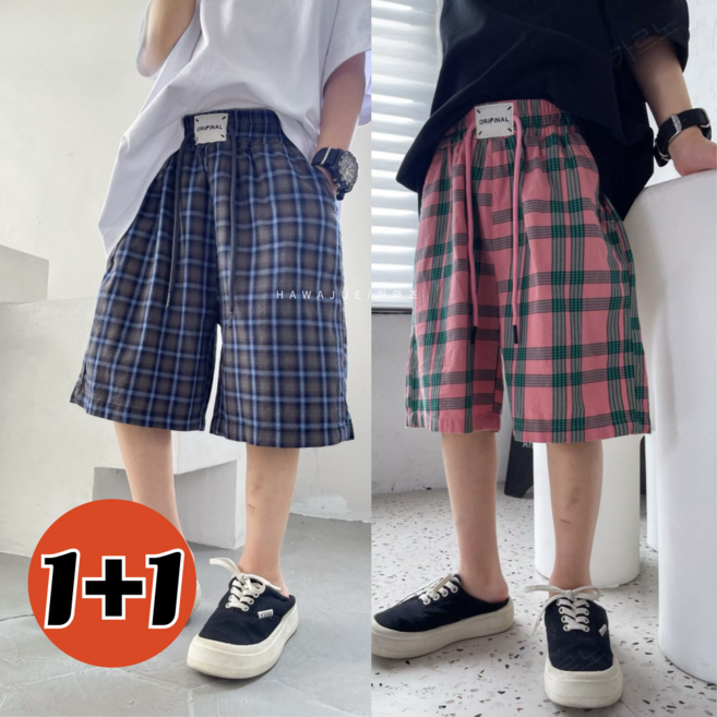 하와즈 1+1 시원 체크무늬 5부 캐주얼 남여공용 팬츠