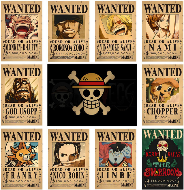 최신 원피스 루피 해적단현상금 포스터 10+1 세트, 10+1종 (해적기포함)