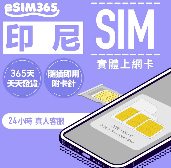 esim365 印尼實體SIM卡, 每天1GB上網吃到飽，隨插即用,3天