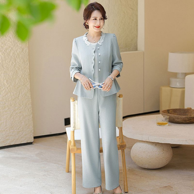 중년 여성 봄 가을 정장세트 루즈핏 프리미엄 투피스 캐주얼 하객록 일자바지 상하세트SYW