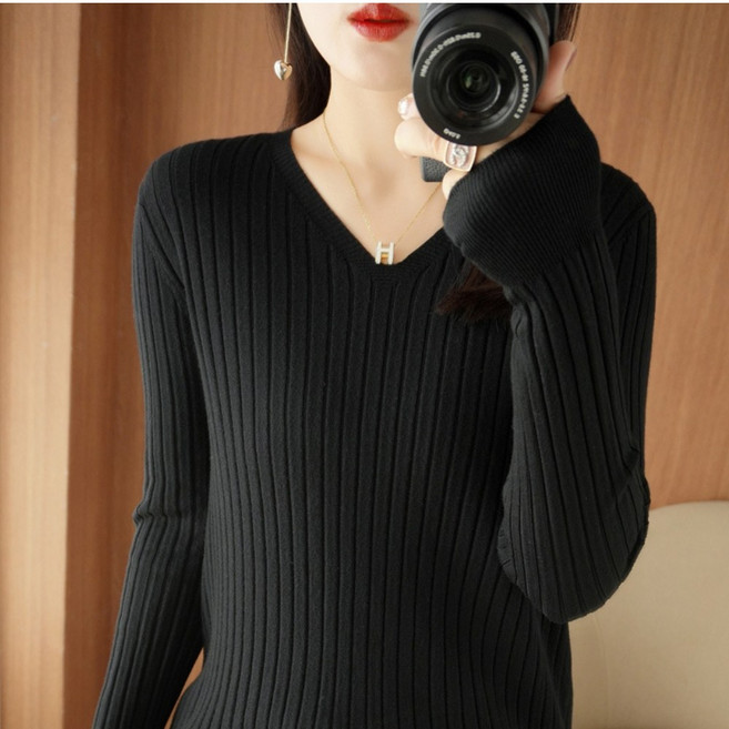 베르슈어 여성 슬림핏 골지 니트 브이넥 스웨터