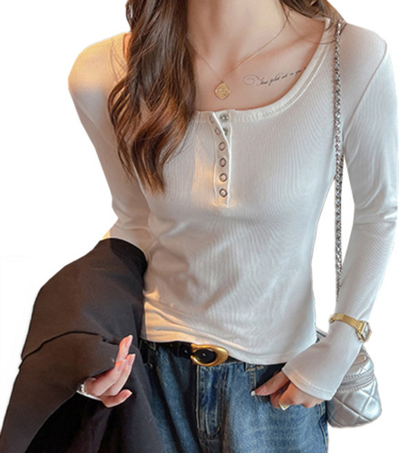 핑크셀럽 데일리 모달 골지 라운드 버튼 티셔츠