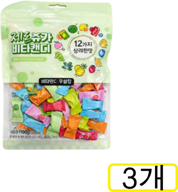 제슈비 제로슈가 비타캔디 12가지맛 무설탕 과일 사탕 지퍼백, 3개, 100g