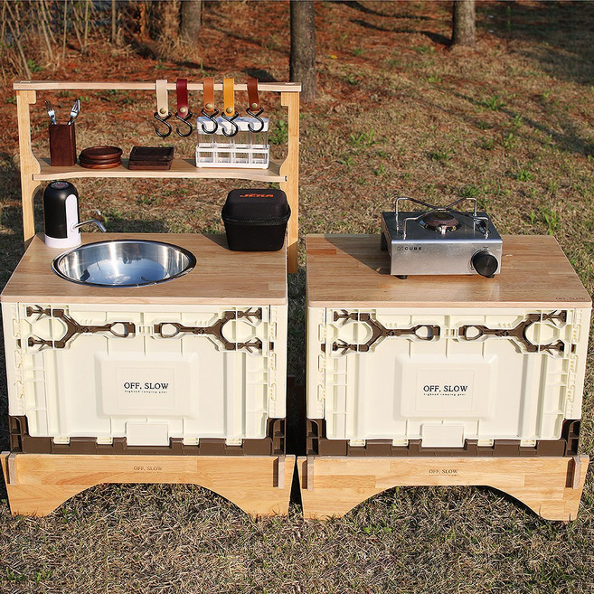 캠핑 차박 폴딩박스 원목 간이 개수대 세면대 캠핑용 수전 이동식 싱크대 상판 인디언행어, 오프슬로우 자작나무 행어세트