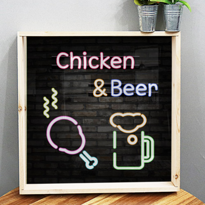 아트박스/꾸밈 id615-우드프레임액자_네온효과치킨앤맥주(중형)