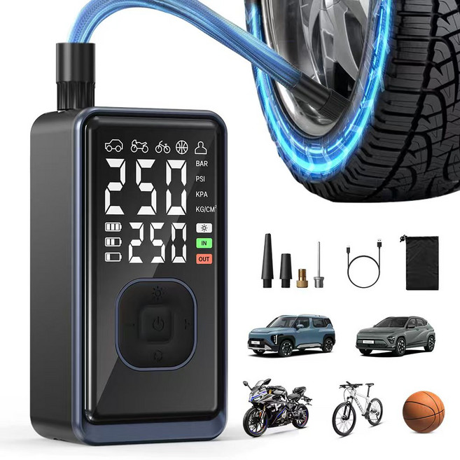 ACMEZING 무선 휴대용 타이어 공기압주입기 전동 에어펌프 보조배터리 LED 비상등 A11, 블랙, 1개